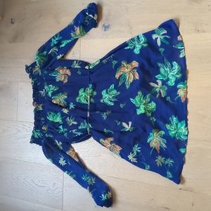 Line & DotRiza Off Shoulder Dress, Midnight Blue with palm trees, Size S